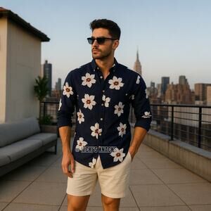 Eighth Avenue Navy Floral Button Down Shirt Cotton Long Sleeve Casual Size L